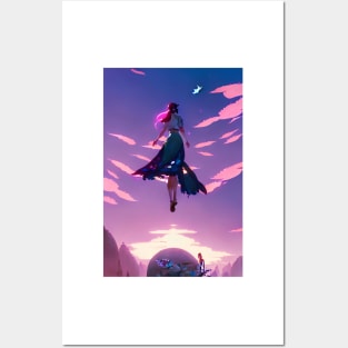 Flying Anime Girl Pink Clouds Sky Landscape Posters and Art